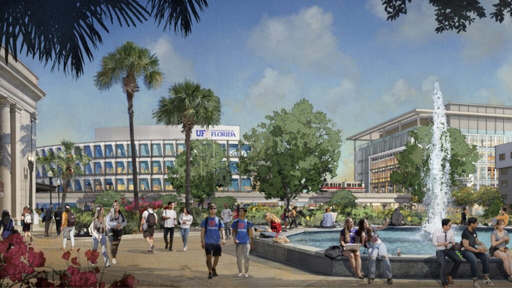 People walk and relax near a fountain in a lively outdoor plaza with trees, flowers, and modern buildings, including one with a UF Florida sign, under a blue sky with some clouds.